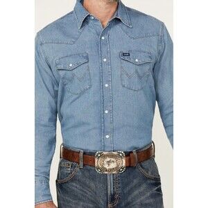 Vintage Style Wrangler size L Denim Pearl Snap Shirt Cowboy Cut MS7127D Western